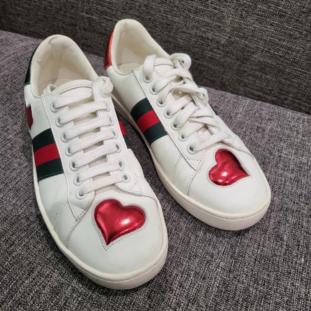 Gucci White Sneakers with Red Heart Accents